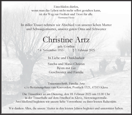 Traueranzeige von Christine Artz von NNA