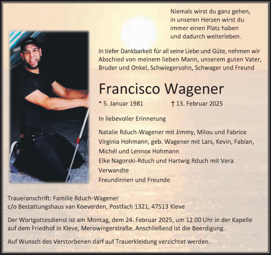 Traueranzeige von Francisco Wagener von NNA