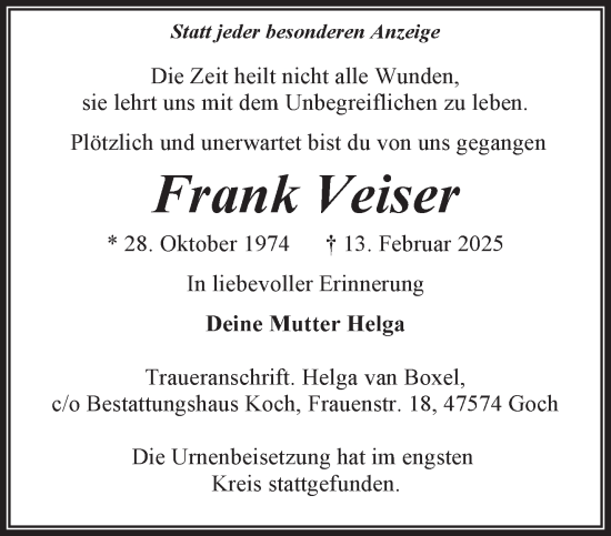 Traueranzeige von Frank Veiser von NNA