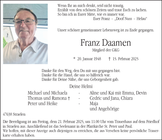 Traueranzeige von Franz Daamen von NNA