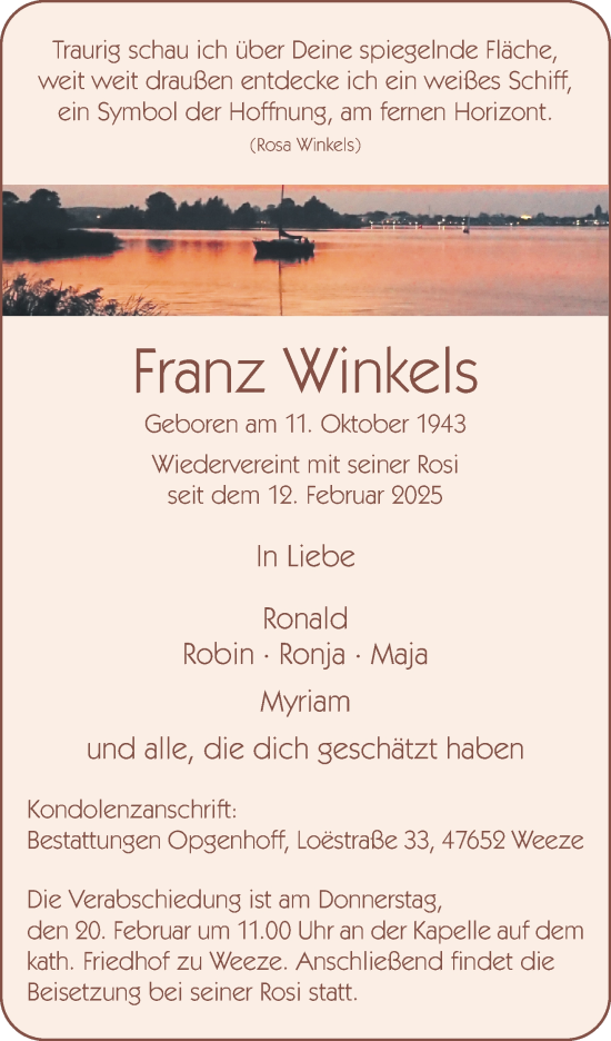 Traueranzeige von Franz Winkels von NNA