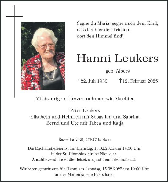 Traueranzeige von Hanni Leukers von NNA