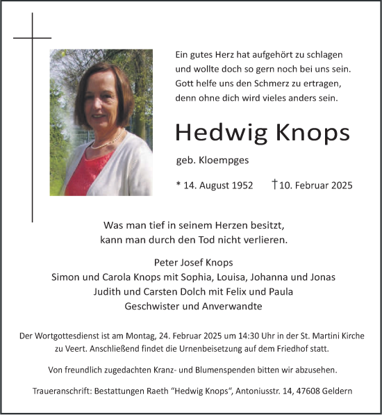 Traueranzeige von Hedwig Knops von NNA