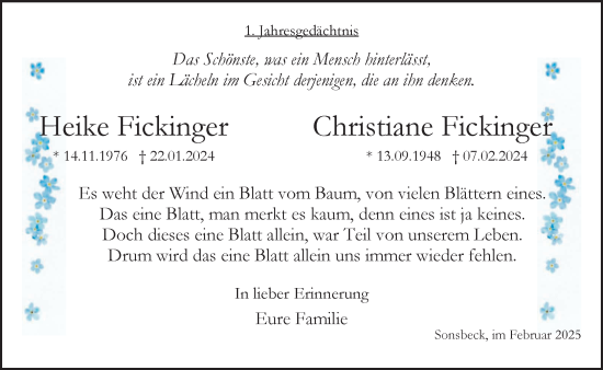 Traueranzeige von Heike und Christiane Fickinger von NNA