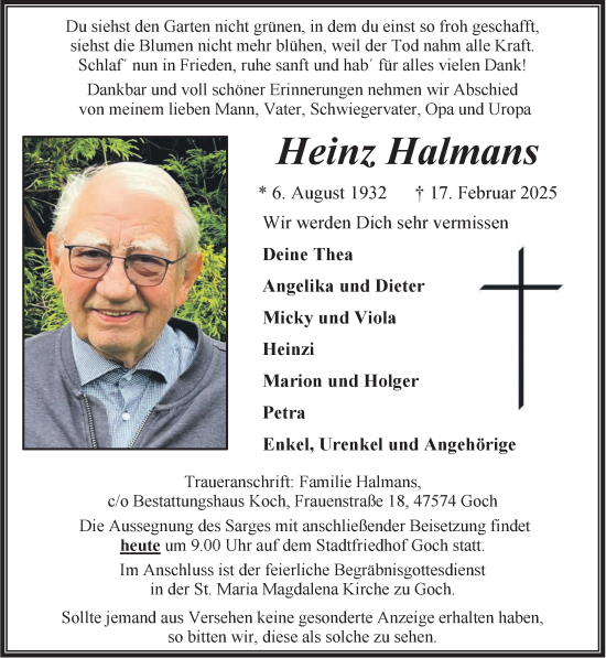 Traueranzeige von Heinz Halmans von NNA