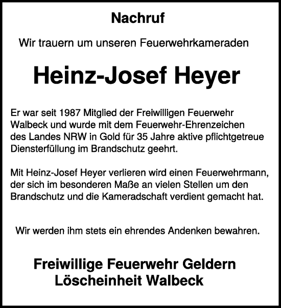 Traueranzeige von Heinz-Josef Heyer von NNA