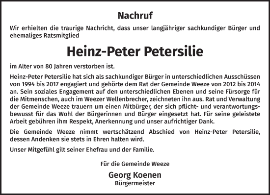 Traueranzeige von Heinz-Peter Petersilie von NNA