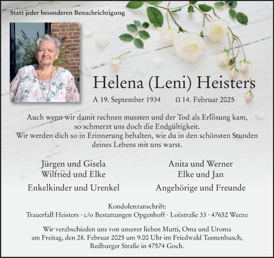 Traueranzeige von Helena Heisters von NNA