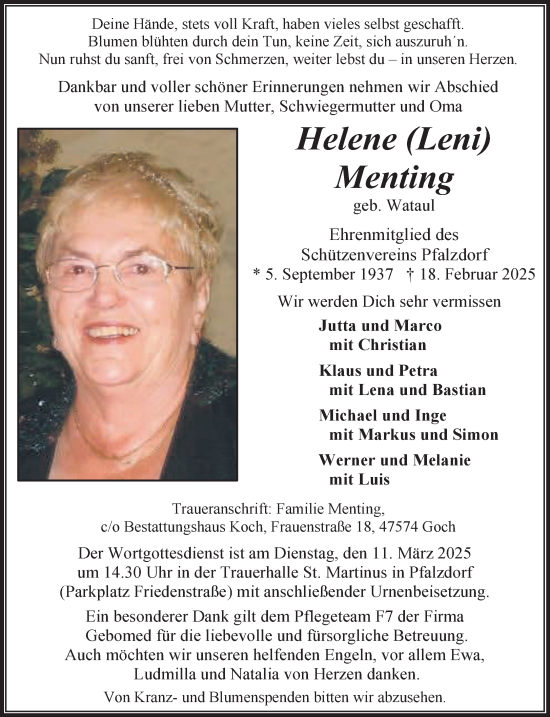 Traueranzeige von Helene Menting von NNA