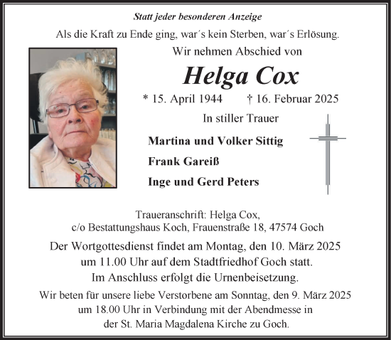 Traueranzeige von Helga Cox von NNA