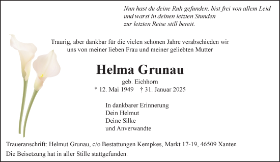 Traueranzeige von Helma Grunau von NNA