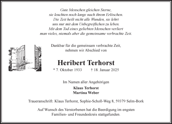 Traueranzeige von Heribert Terhorst von NNA