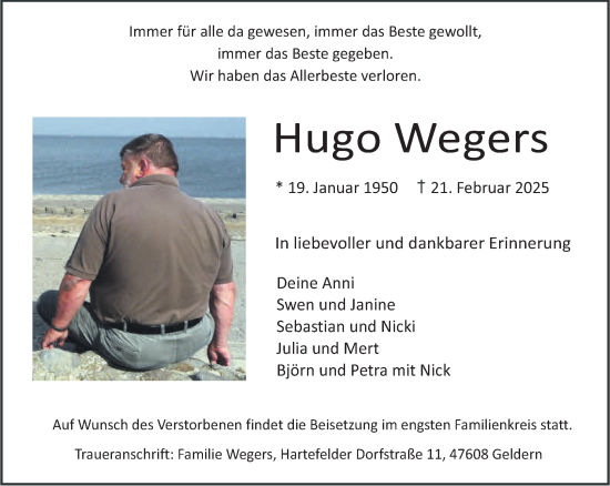 Traueranzeige von Hugo Wegers von NNA