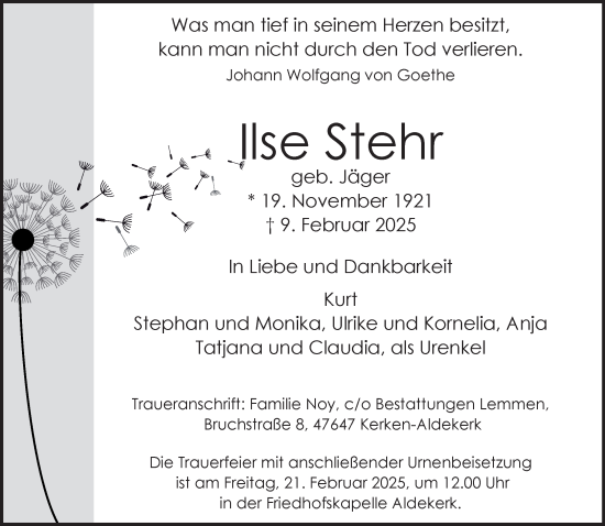 Traueranzeige von Ilse Stehr von NNA