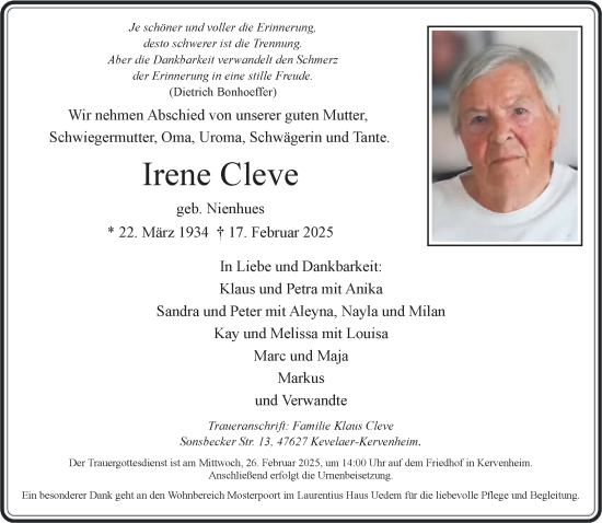 Traueranzeige von Irene Cleve von NNA