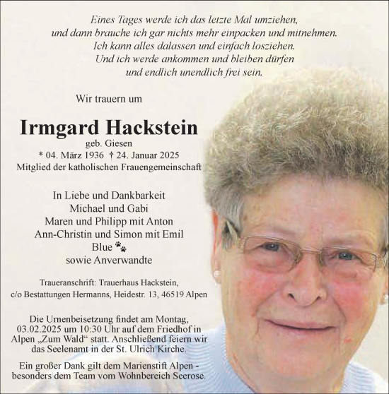 Traueranzeige von Irmgard Hackstein von NNA