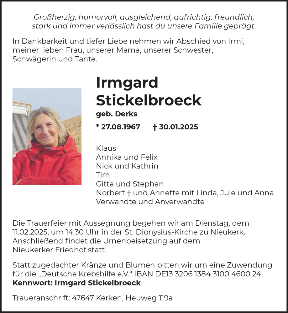  Traueranzeige für Irmgard Stickelbroeck vom 05.02.2025 aus NNA