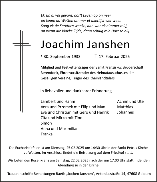 Traueranzeige von Joachim Janshen von NNA