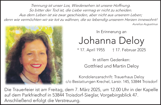 Traueranzeige von Johanna Deloy von NNA