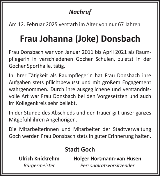 Traueranzeige von Johanna Donsbach von NNA