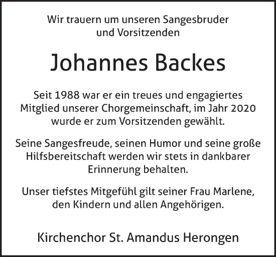 Traueranzeige von Johannes Backes von NNA