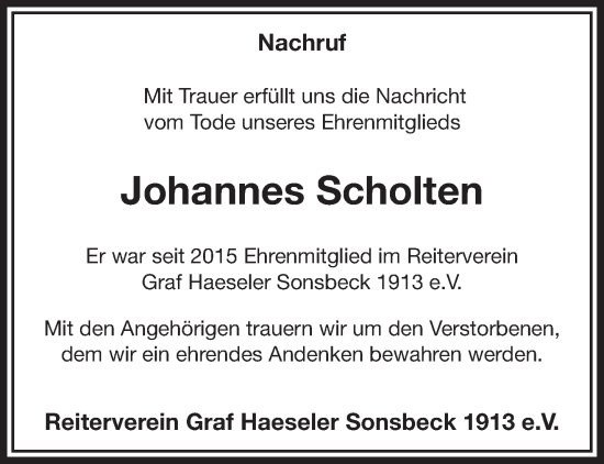 Traueranzeige von Johannes Scholten von NNA