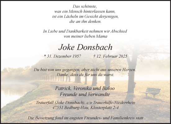 Traueranzeige von Joke Donsbach von NNA