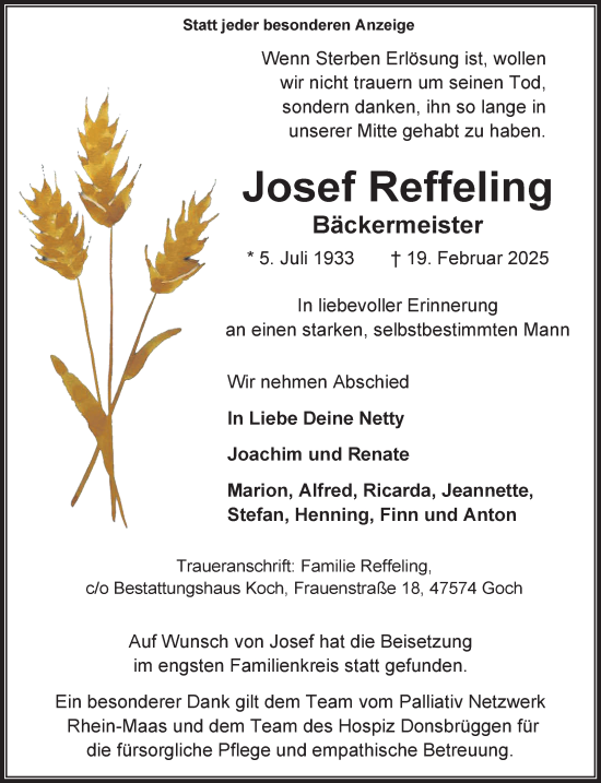 Traueranzeige von Josef Reffeling von NNA