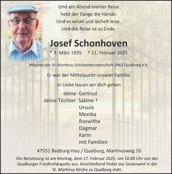 Traueranzeige von Josef Schonhoven von NNA