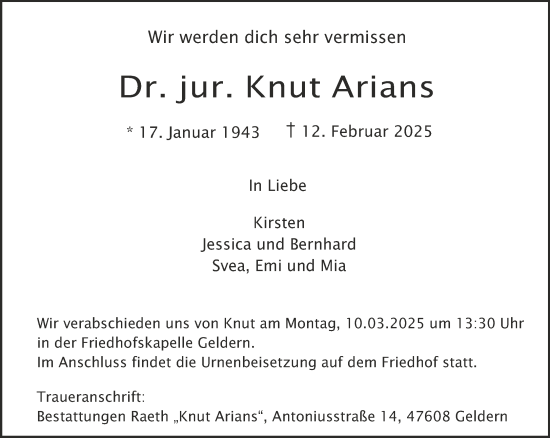 Traueranzeige von Knut Arians von NNA