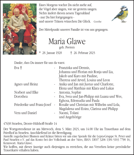 Traueranzeige von Maria Glawe von NNA