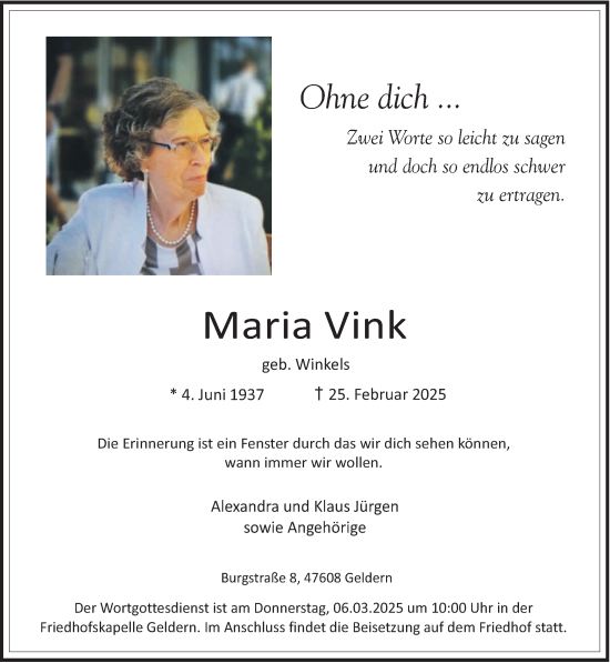 Traueranzeige von Maria Vink von NNA