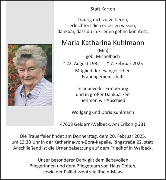 Traueranzeige von Maria Katharina Kuhlmann von NNA