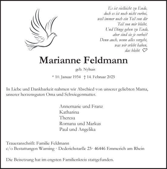 Traueranzeige von Marianne Feldmann von NNA