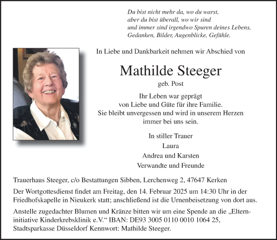 Traueranzeige von Mathilde Steeger von NNA