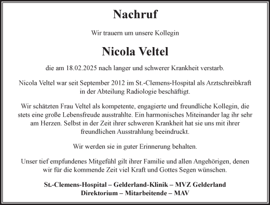 Traueranzeige von Nicola Veltel von NNA