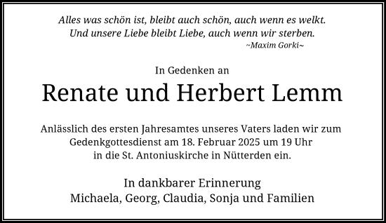 Traueranzeige von Renate und Herbert Lemm von NNA