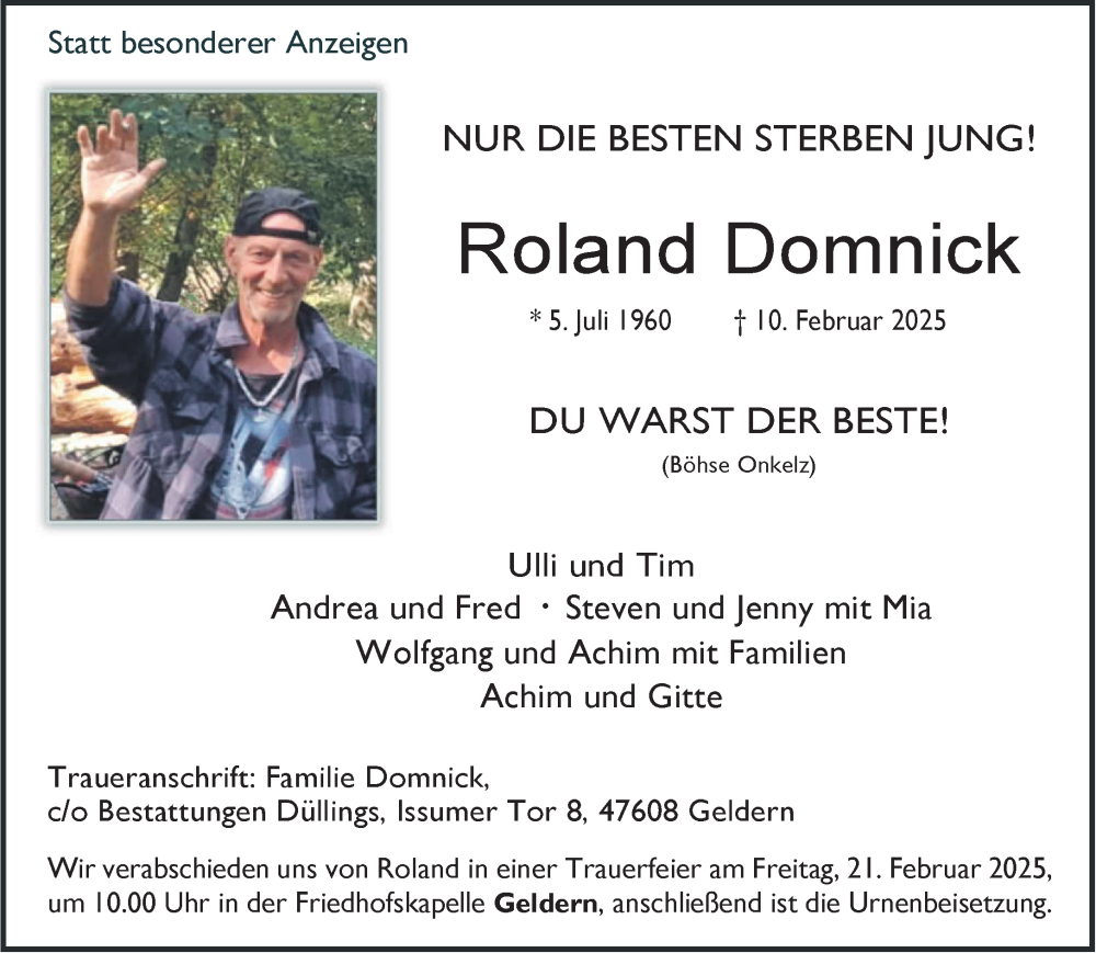  Traueranzeige für Roland Domnick vom 15.02.2025 aus NNA