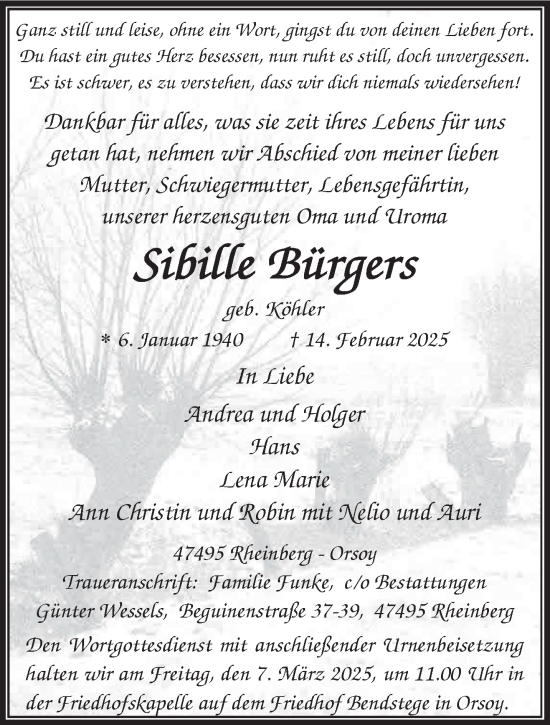 Traueranzeige von Sibille Bürgers von NNA