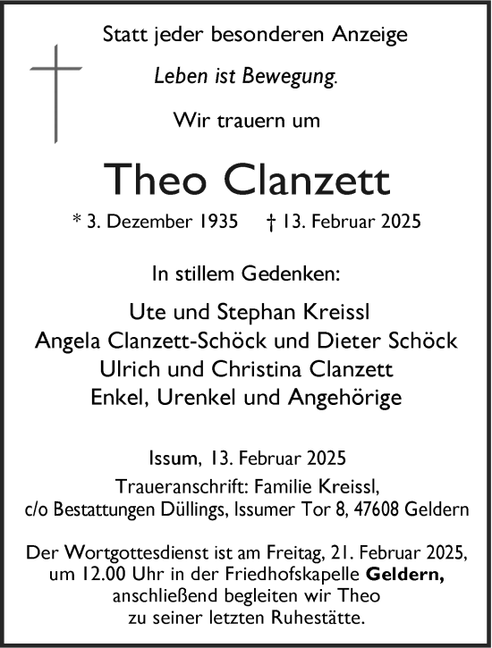 Traueranzeige von Theo Clanzett von NNA