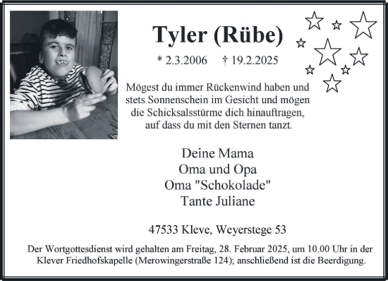 Traueranzeige von Tyler (Rübe) von NNA