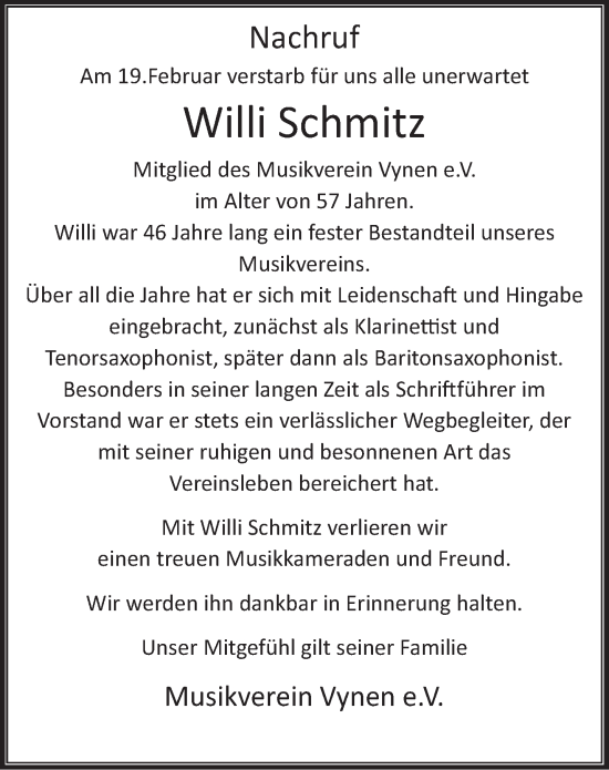 Traueranzeige von Willi Schmitz von NNA