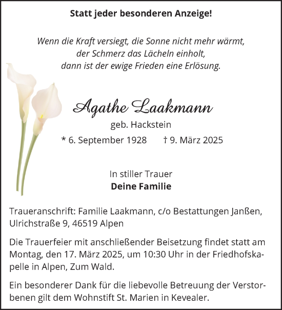 Traueranzeige von Agathe Laakmann von NNA