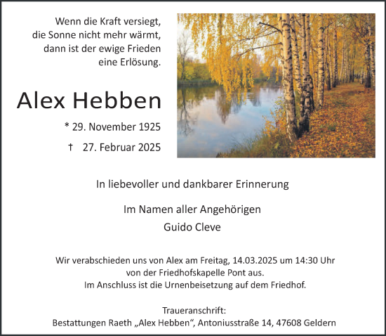 Traueranzeige von Alex Hebben von NNA