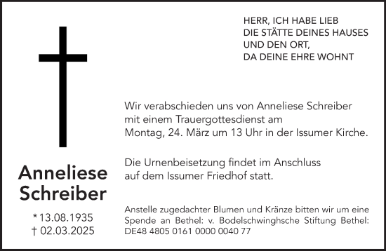 Traueranzeige von Anneliese Schreiber von NNA