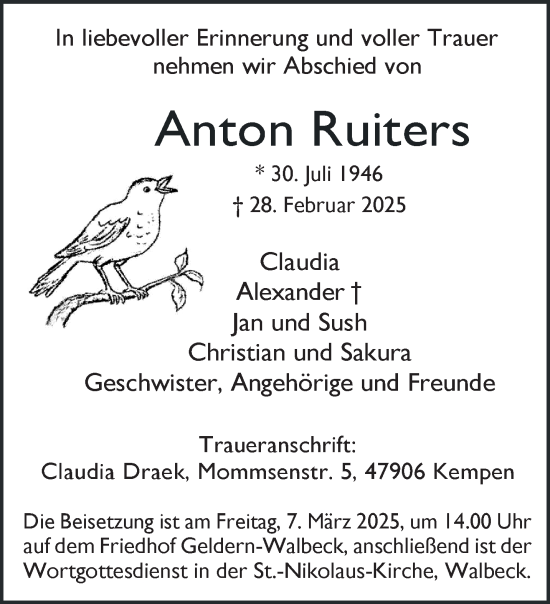 Traueranzeige von Anton Ruiters von NNA