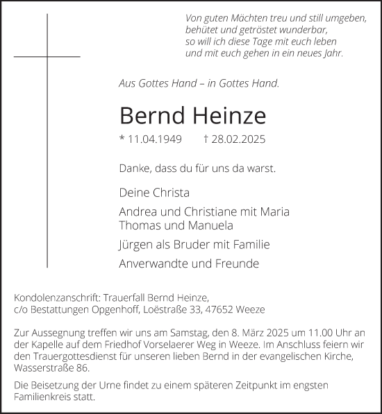 Traueranzeige von Bernd Heinze von NNA