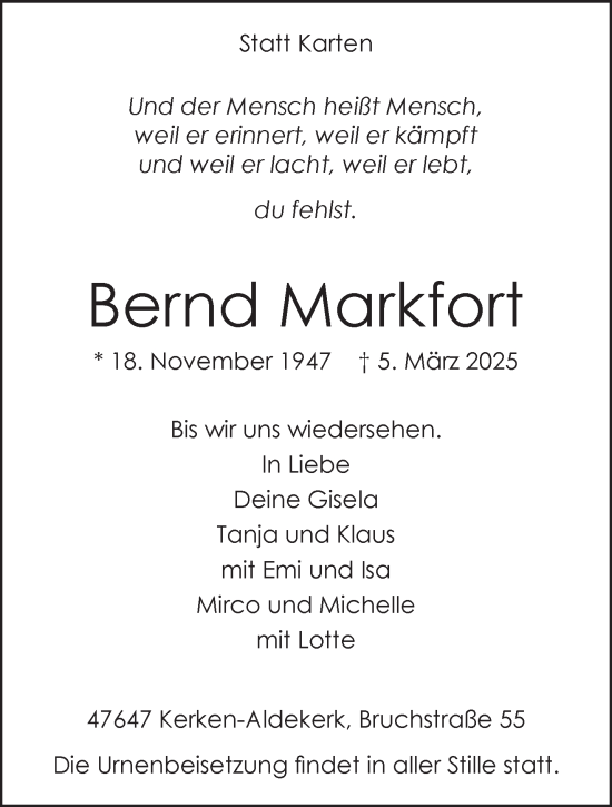 Traueranzeige von Bernd Markfort von NNA