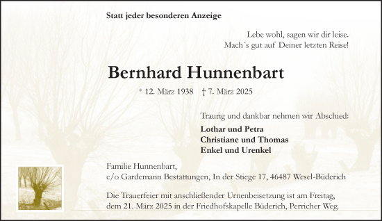 Traueranzeige von Bernhard Hunnenbart von NNA