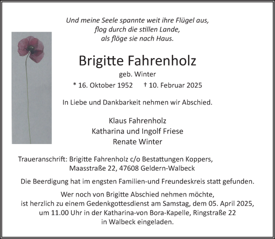 Traueranzeige von Brigitte Fahrenholz von NNA